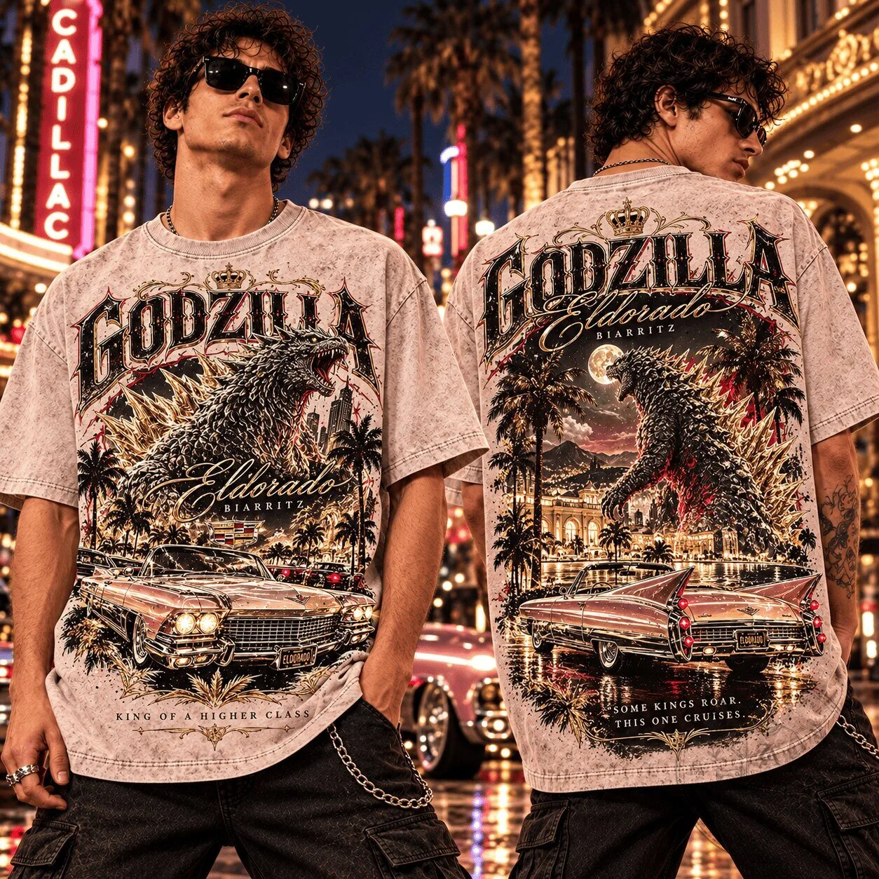 Godzilla Cadillac Eldorado Biarritz Vintage Luxury Royal Sunset T-Shirt 1 Godzilla Cadillac Eldorado Biarritz Vintage Luxury Royal Sunset T-Shirt