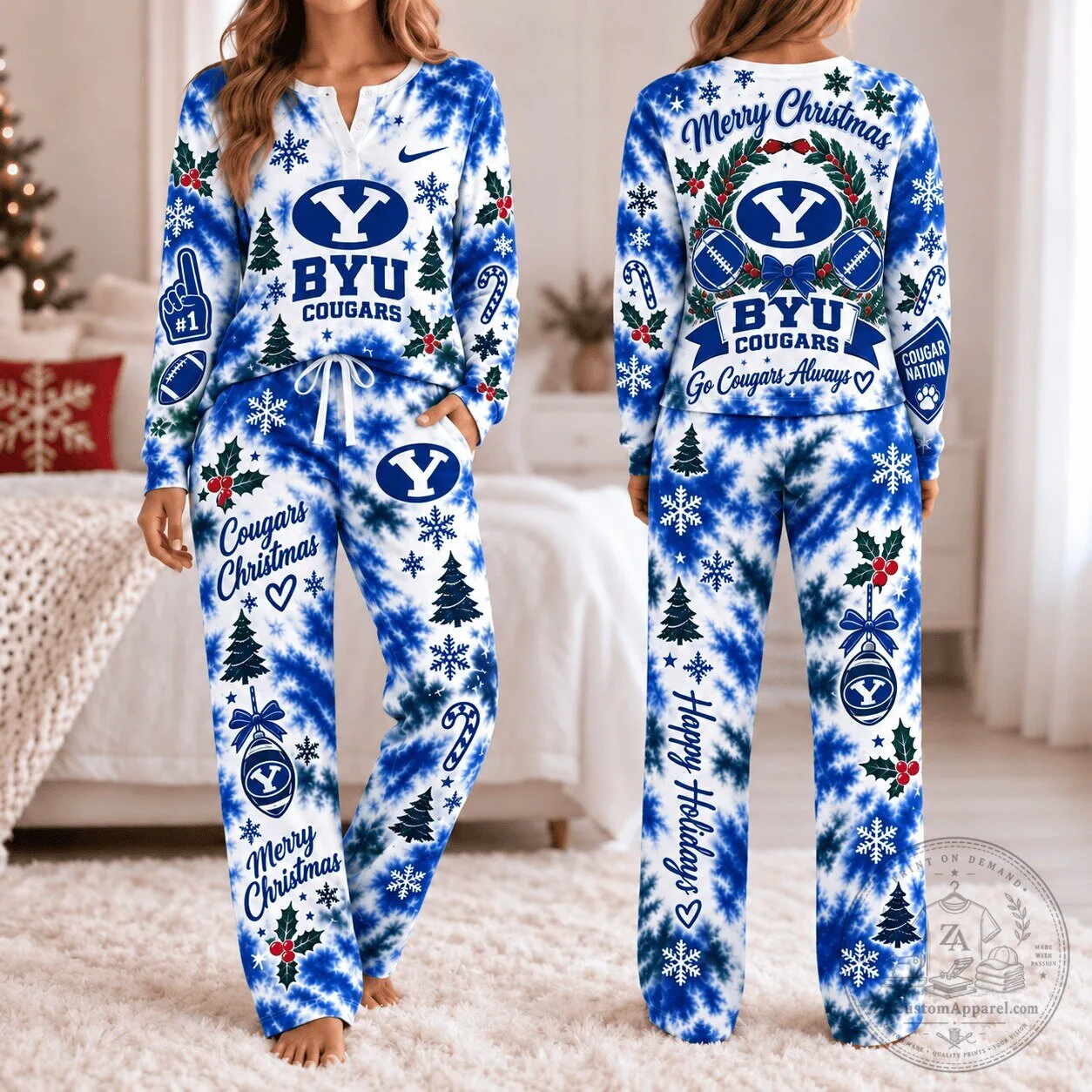 BYU Cougars Christmas Tie-Dye Pajamas Set for Women