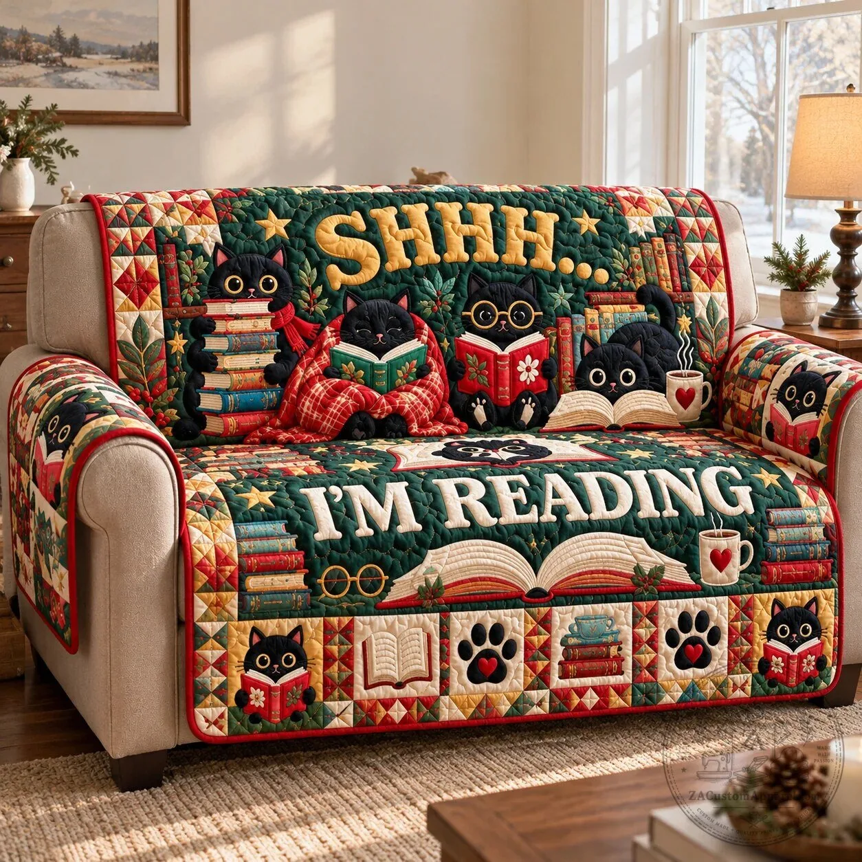 Black Cat Reading Books Quilted Sofa Cover for Living Room Couch Protector 9 Black Cat Reading Books Quilted Sofa Cover for Living Room Couch Protector
