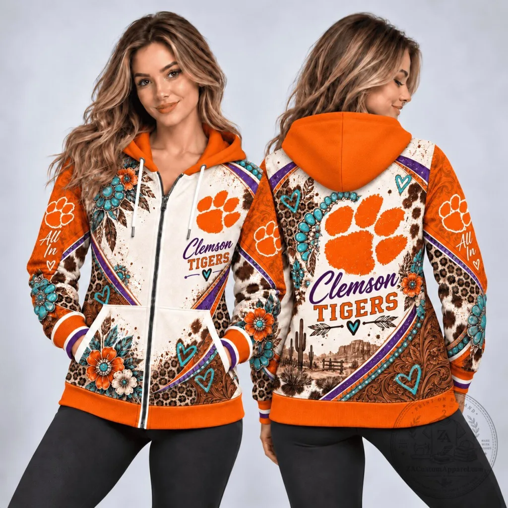 Clemson Tigers Western Boho Style Full Zip Hoodie for Women Clemson Tigers Western Boho Style Full Zip Hoodie for Women
