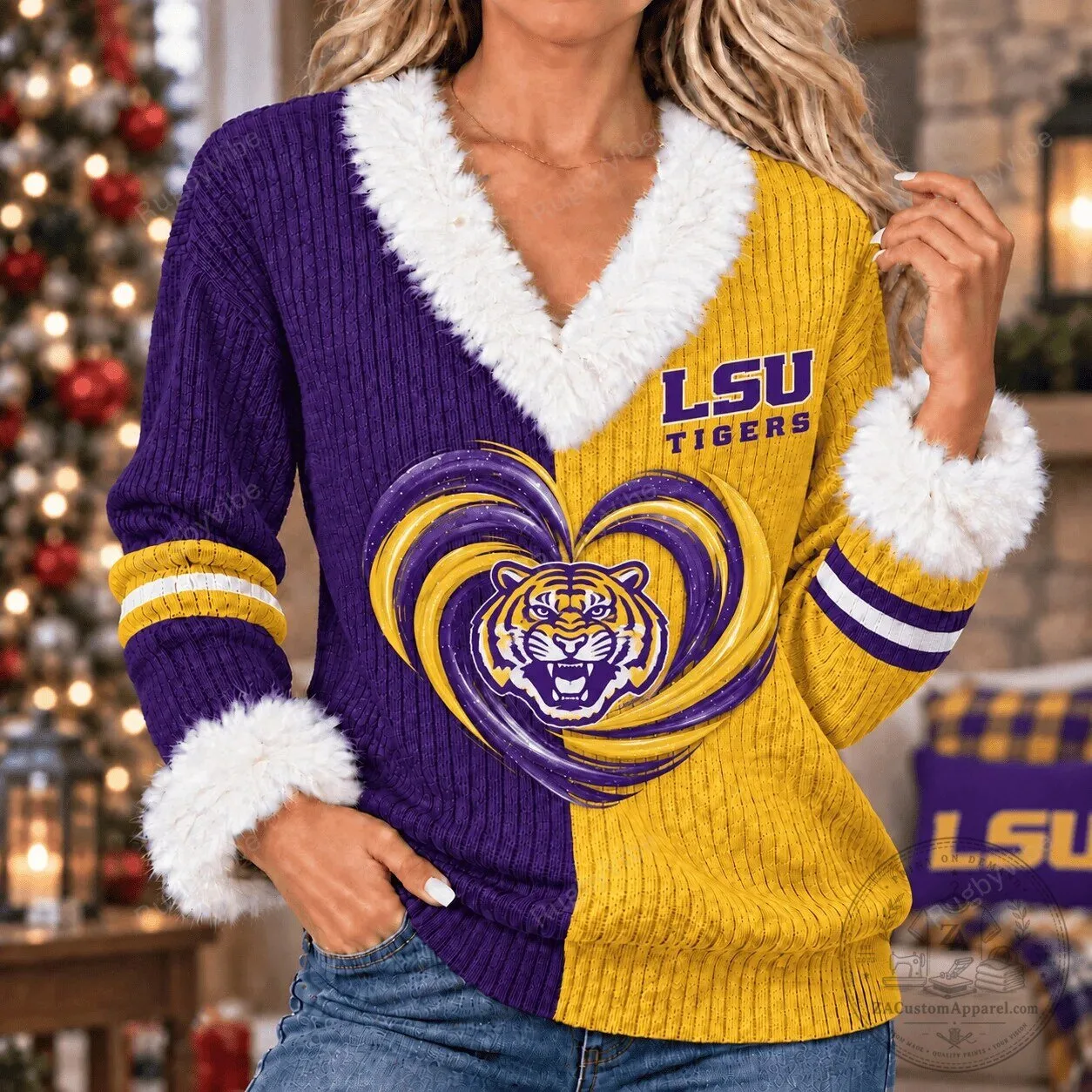 Louisiana State University Tigers Heart Logo Striped Knit Sweater
