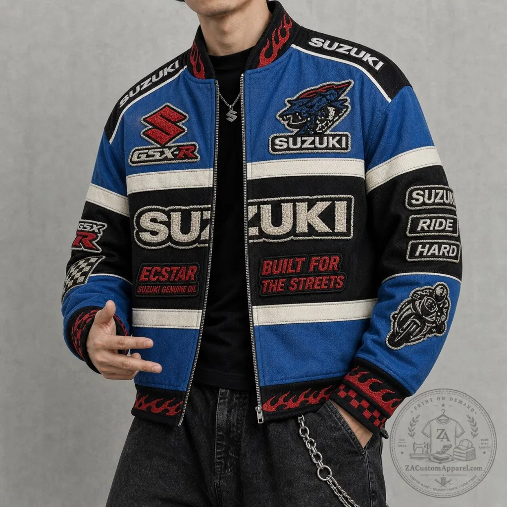 Suzuki GSX-R Motorcycle Racing Blue and Black Bomber Jacket Suzuki GSX-R Motorcycle Racing Blue and Black Bomber Jacket