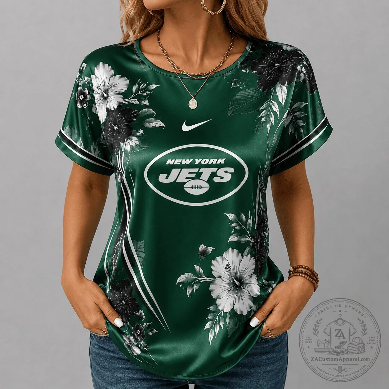 New York Jets Premium Floral Satin Short Sleeve T-Shirt for Women 1 New York Jets Premium Floral Satin Short Sleeve T-Shirt for Women