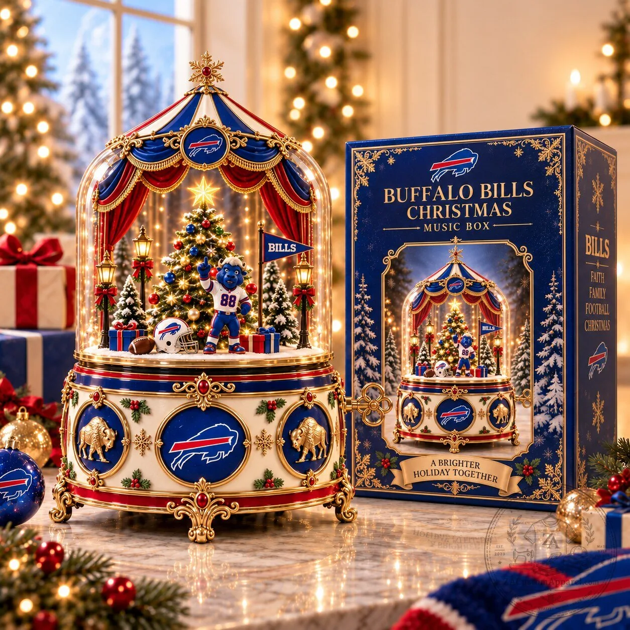 Buffalo Bills NFL Christmas Holiday Music Box with Lights and Rotating Figurine
