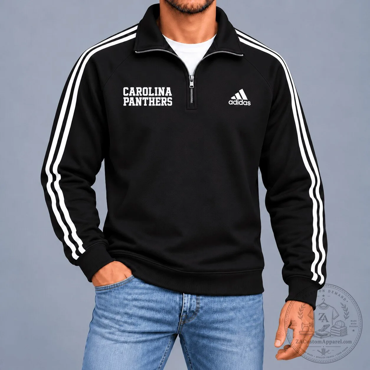 Carolina Panthers Adidas Black Quarter-Zip Sweatshirt for Men 1 Carolina Panthers Adidas Black Quarter-Zip Sweatshirt for Men