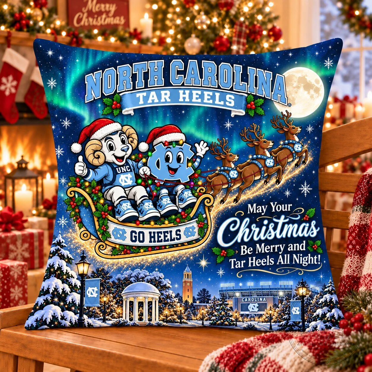 North Carolina Tar Heels Christmas Night Flight Holiday Decorative Pillow
