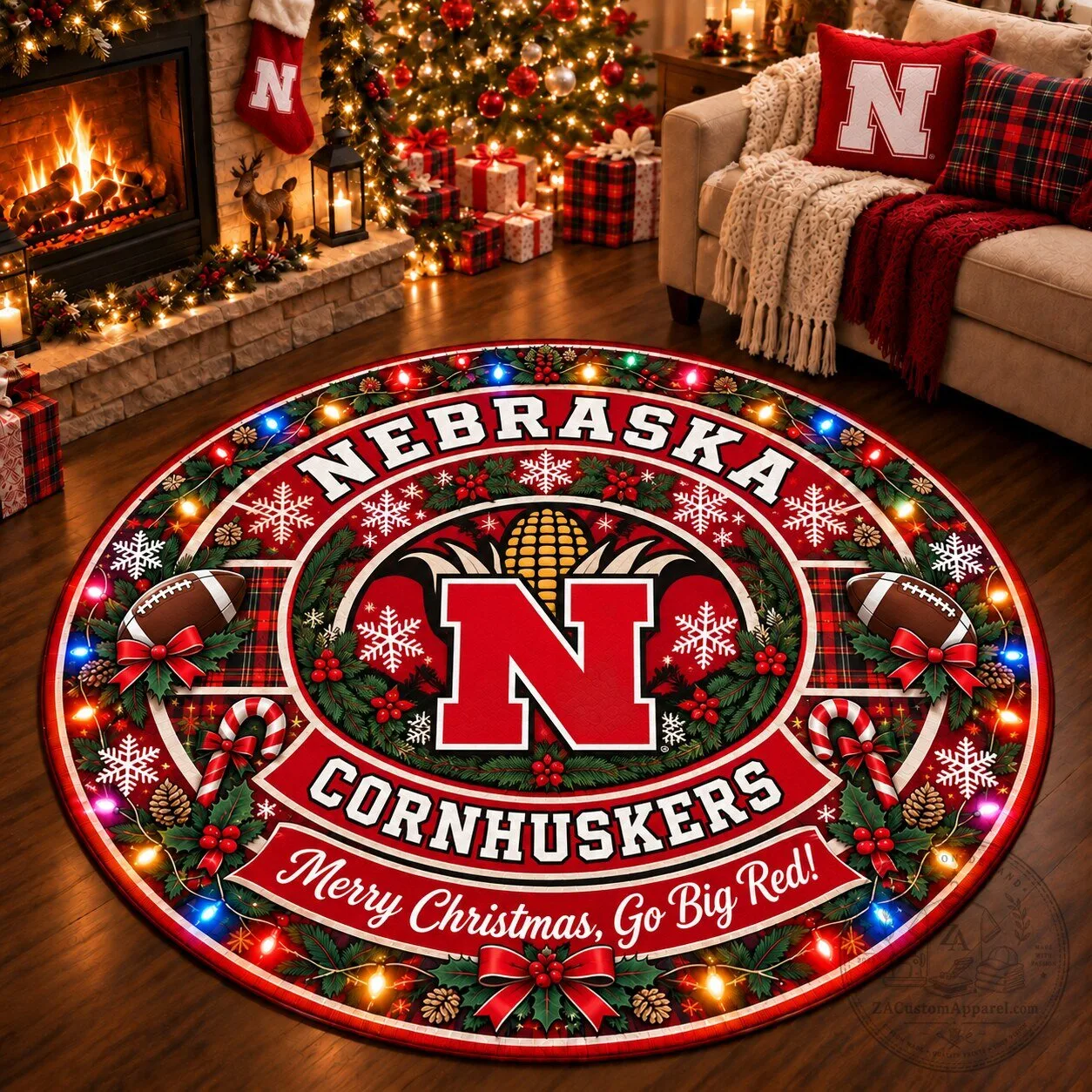 Nebraska Cornhuskers Merry Christmas Football Round Rug