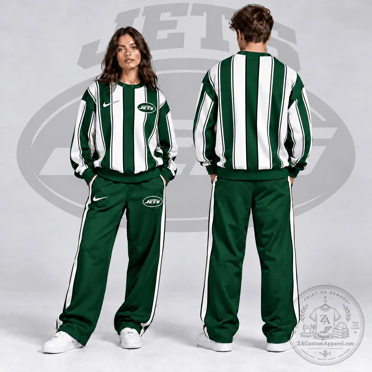 New York Jets NFL Green and White Striped Crewneck Sweatshirt for Women and Men 1 New York Jets NFL Green and White Striped Crewneck Sweatshirt for Women and Men