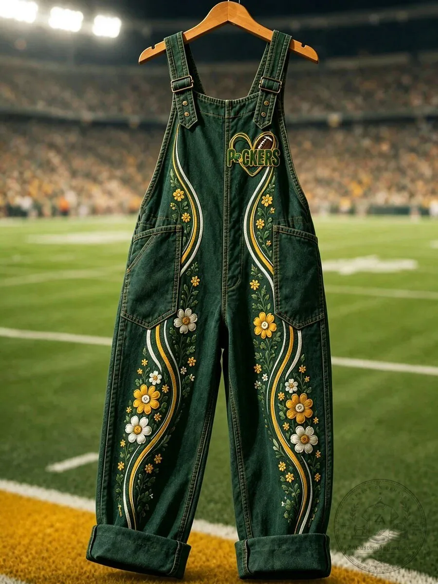 Green Bay Packers Floral Embroidered Denim Overalls for Women 1 Green Bay Packers Floral Embroidered Denim Overalls for Women