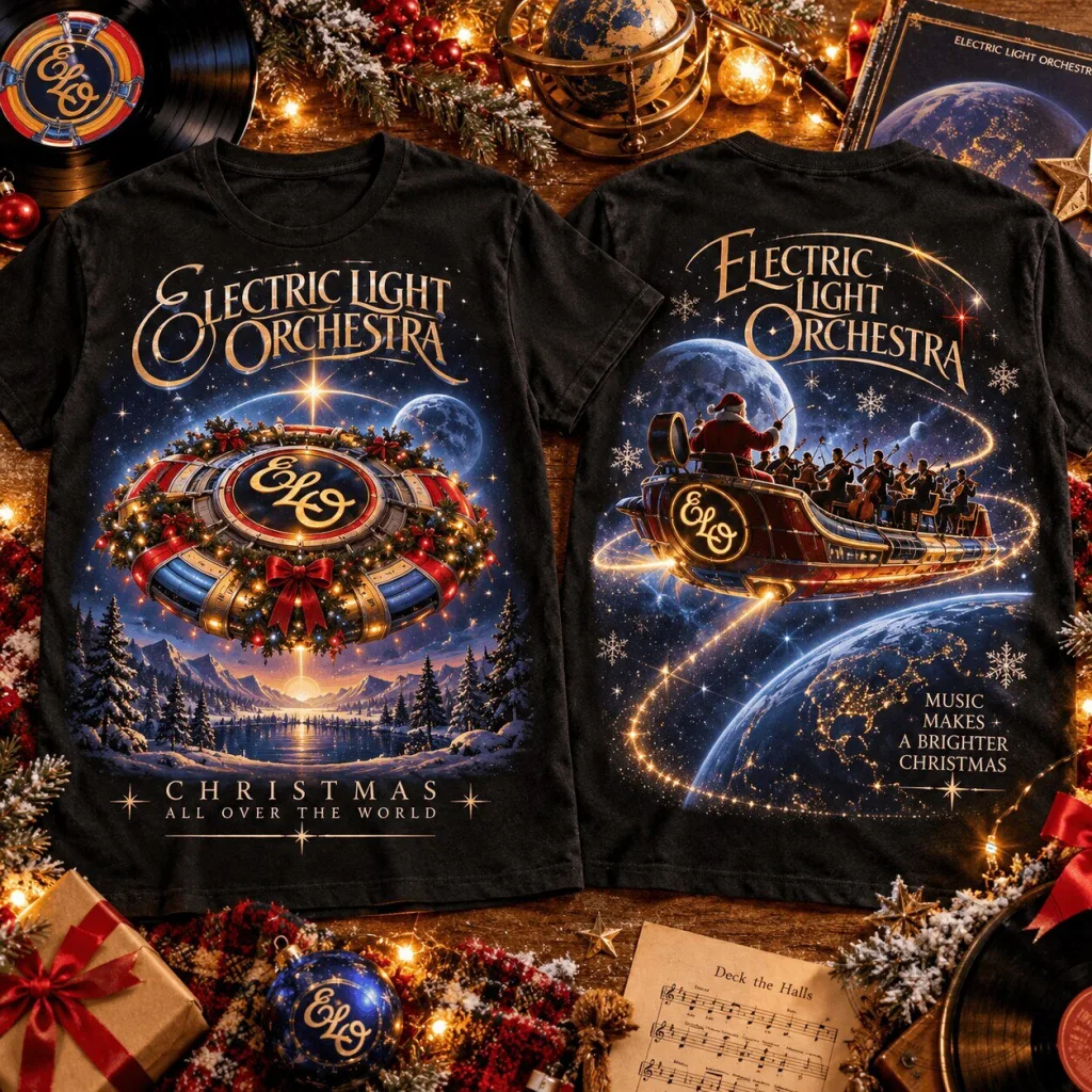 Holiday T-Shirt featuring Electric Light Orchestra Christmas All Over The World Design Holiday T-Shirt featuring Electric Light Orchestra: Christmas All Over The World Design