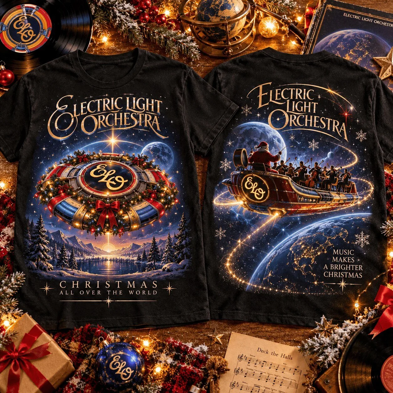 Holiday T-Shirt featuring Electric Light Orchestra: Christmas All Over The World Design 1 Holiday T-Shirt featuring Electric Light Orchestra: Christmas All Over The World Design
