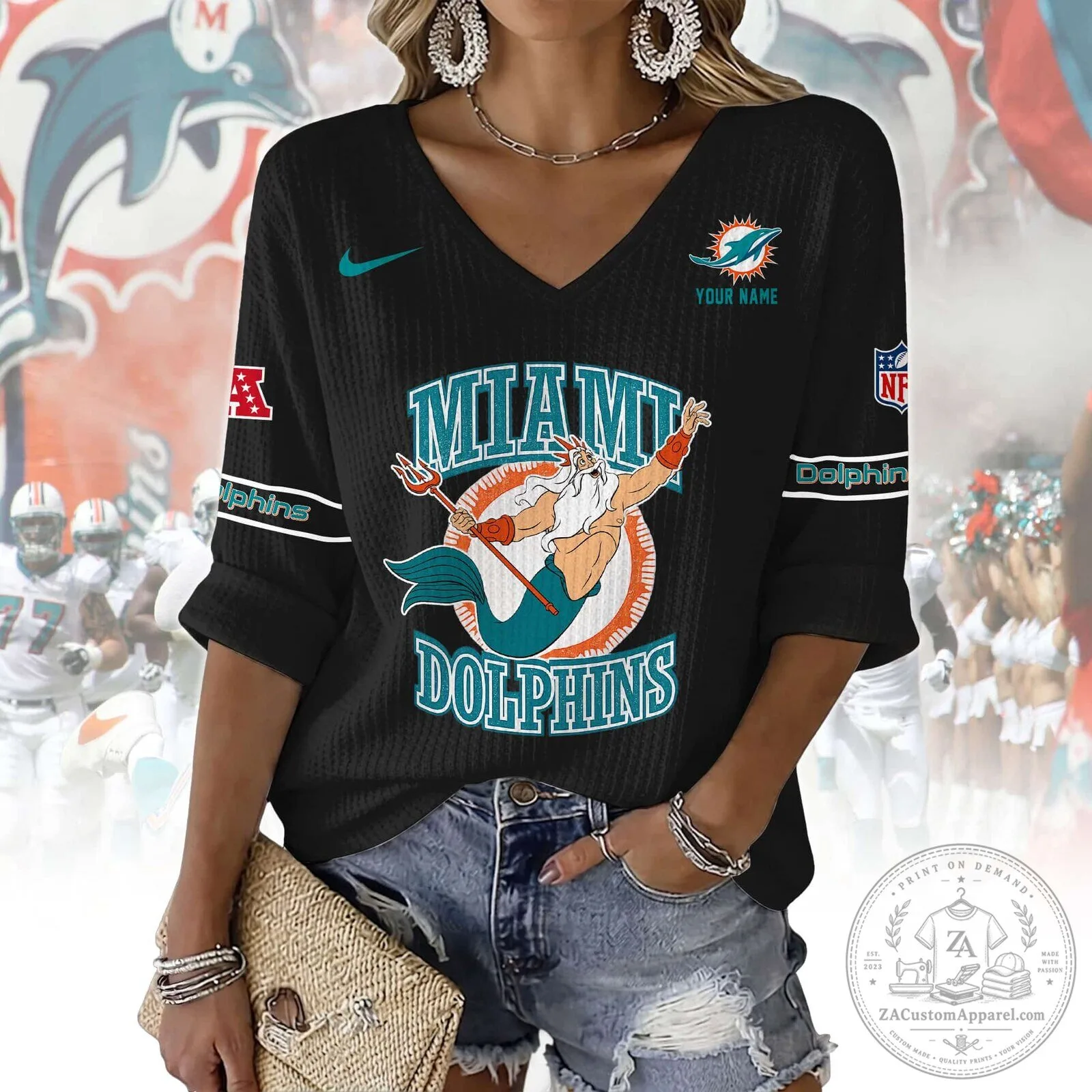Miami Dolphins Football Team V-Neck Long Sleeve Shirt for Women 6 Miami Dolphins Football Team V-Neck Long Sleeve Shirt for Women