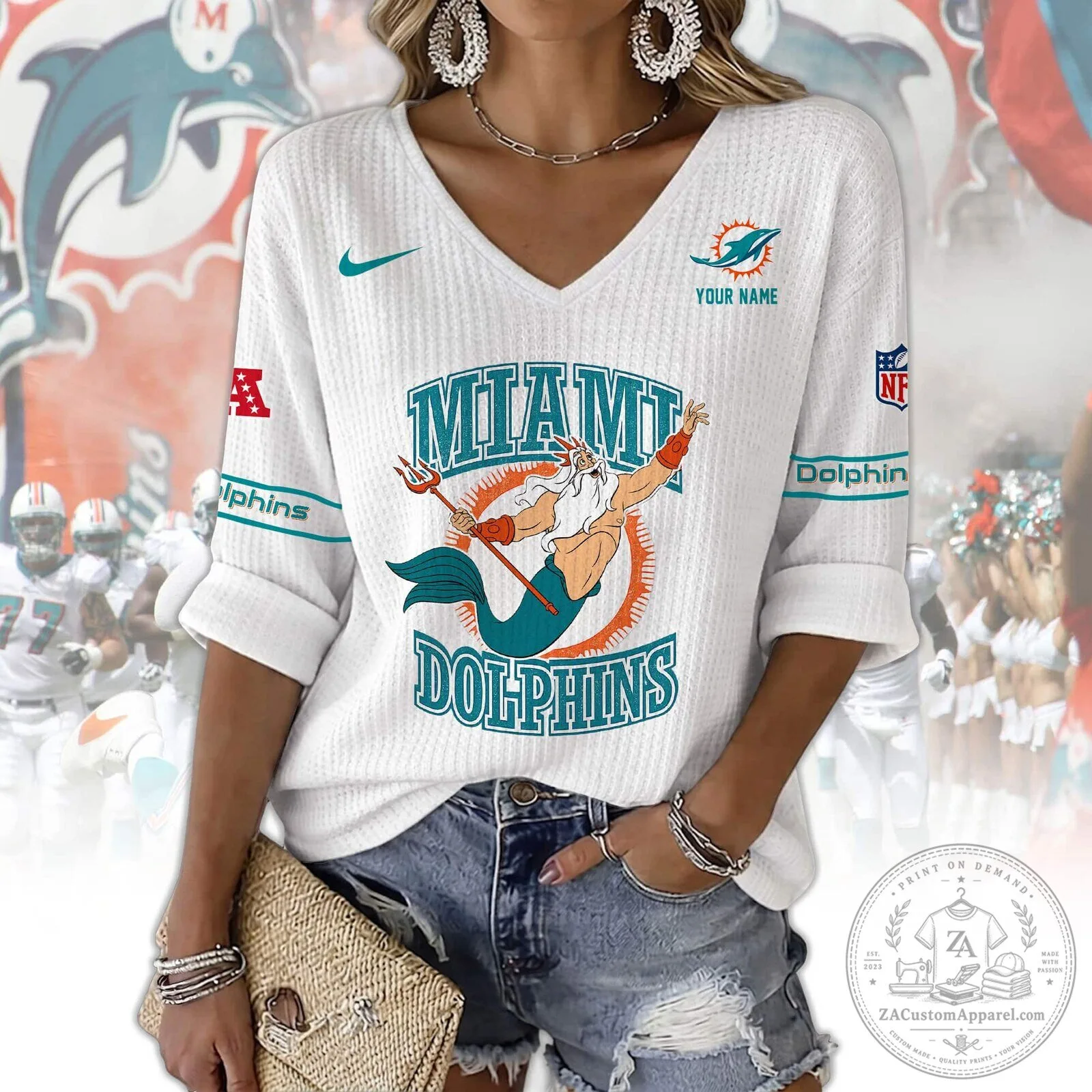 Miami Dolphins Football Team V-Neck Long Sleeve Shirt for Women 8 Miami Dolphins Football Team V-Neck Long Sleeve Shirt for Women