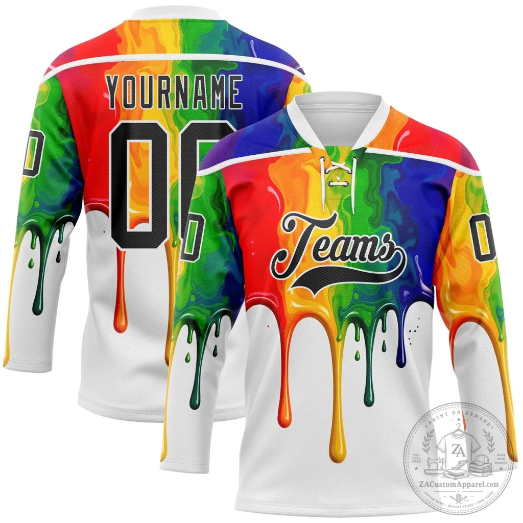 Rainbow Melting Paint Drip Custom Name and Number Hockey Jersey