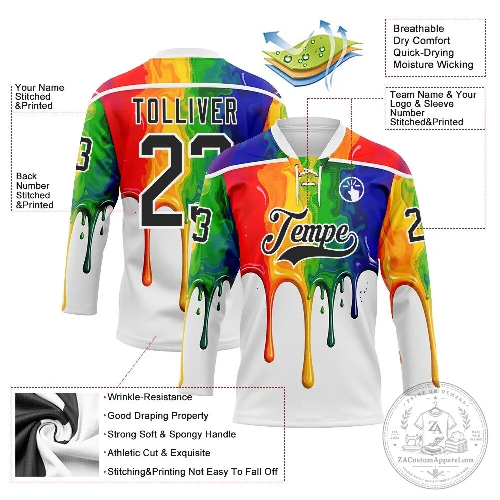 Rainbow Melting Paint Drip Custom Name and Number Hockey Jersey 11 Rainbow Melting Paint Drip Custom Name and Number Hockey Jersey
