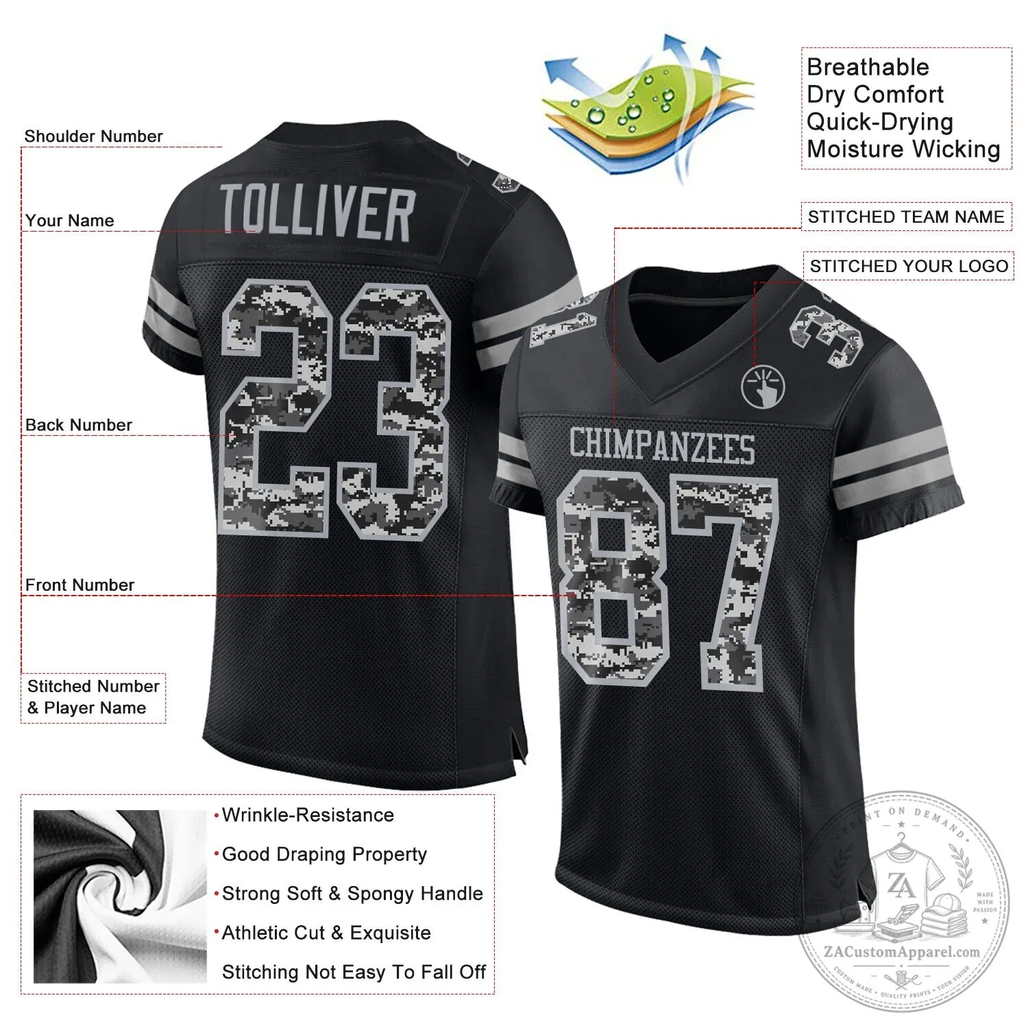 Custom Black Gray Mesh Authentic Pixel Digital Camouflage Football Jersey 4 Custom Black Gray Mesh Authentic Pixel Digital Camouflage Football Jersey