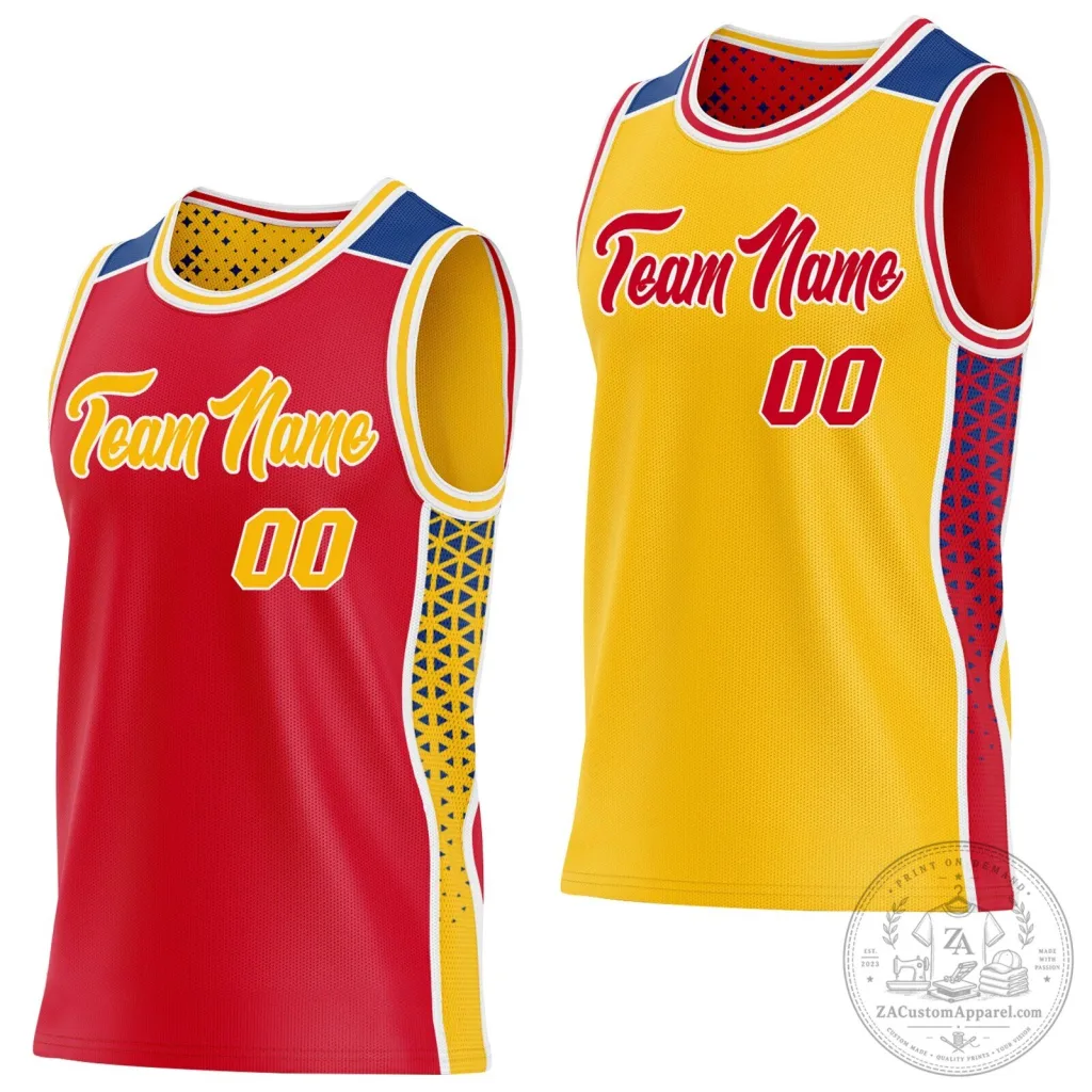 Custom Red Gold White Royal Side Panel Stripe Geometric Triangle Gradient Dot Reversible Basketball Jersey Custom Red Gold White Royal Side Panel Stripe Geometric Triangle Gradient Dot Reversible Basketball Jersey