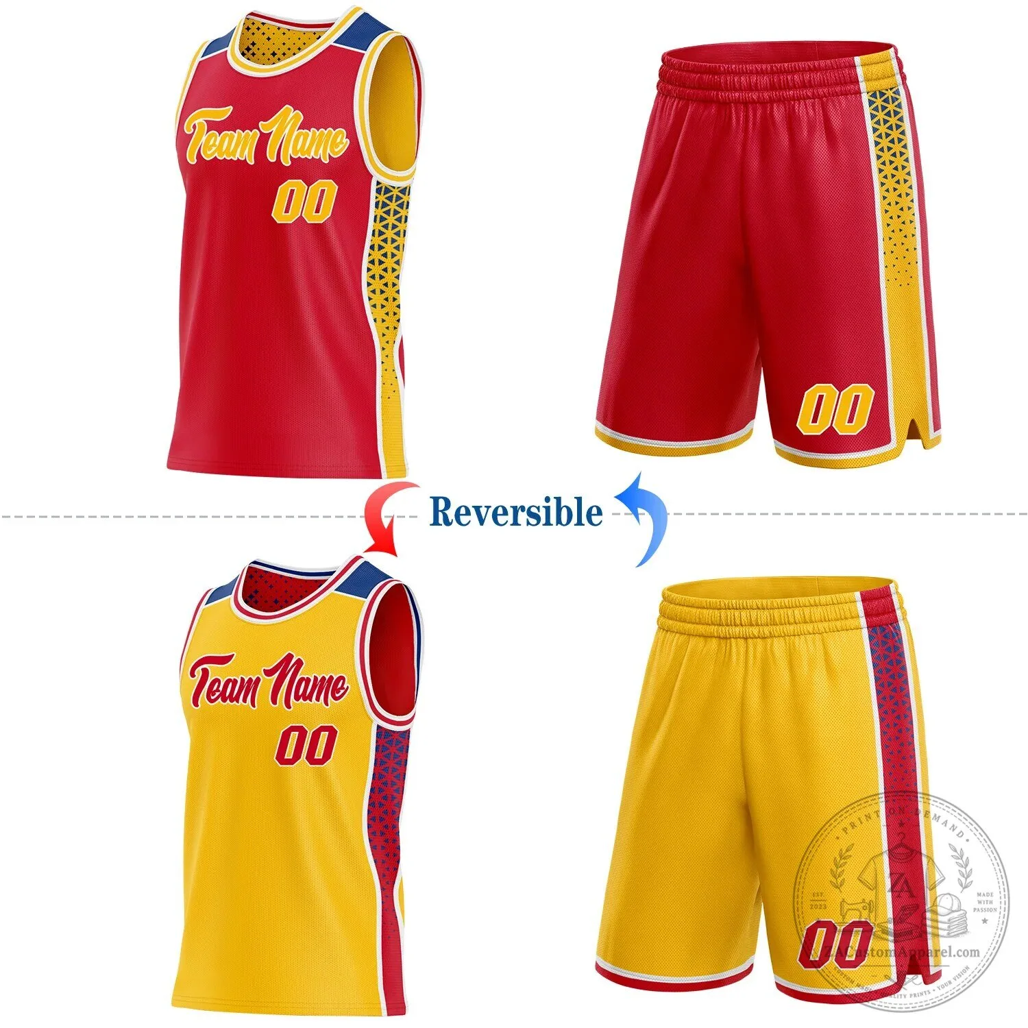 Custom Red Gold White Royal Side Panel Stripe Geometric Triangle Gradient Dot Reversible Basketball Jersey 8 Custom Red Gold White Royal Side Panel Stripe Geometric Triangle Gradient Dot Reversible Basketball Jersey