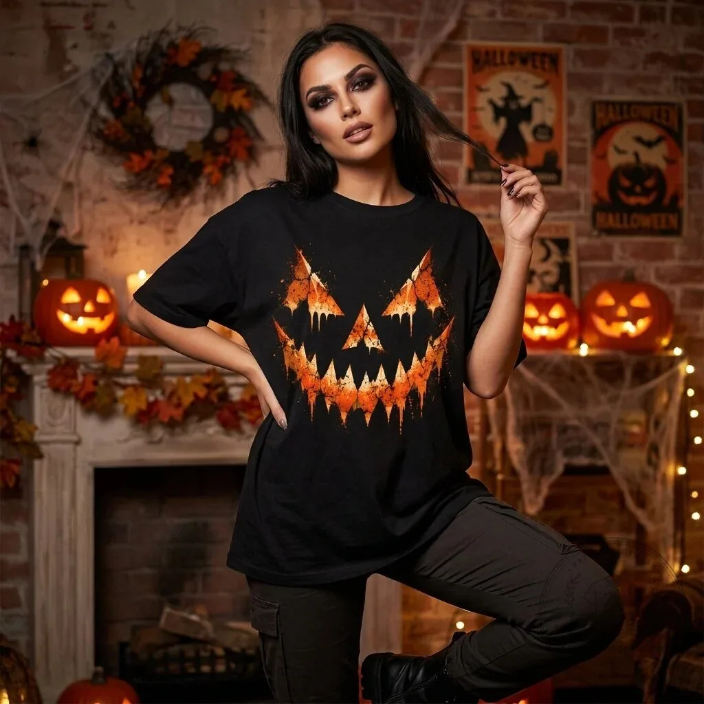 Spooky Jack O Lantern Pumpkin Face Grunge Halloween Black T-Shirt 1 Spooky Jack O Lantern Pumpkin Face Grunge Halloween Black T-Shirt