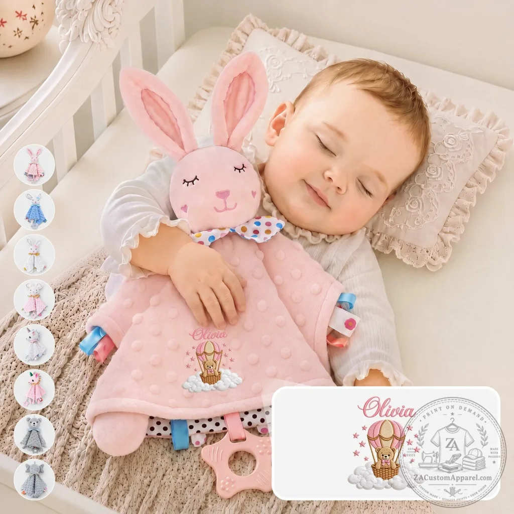 Personalized Pink Bunny Hot Air Balloon Baby Animal Security Blanket Personalized Pink Bunny Hot Air Balloon Baby Animal Security Blanket