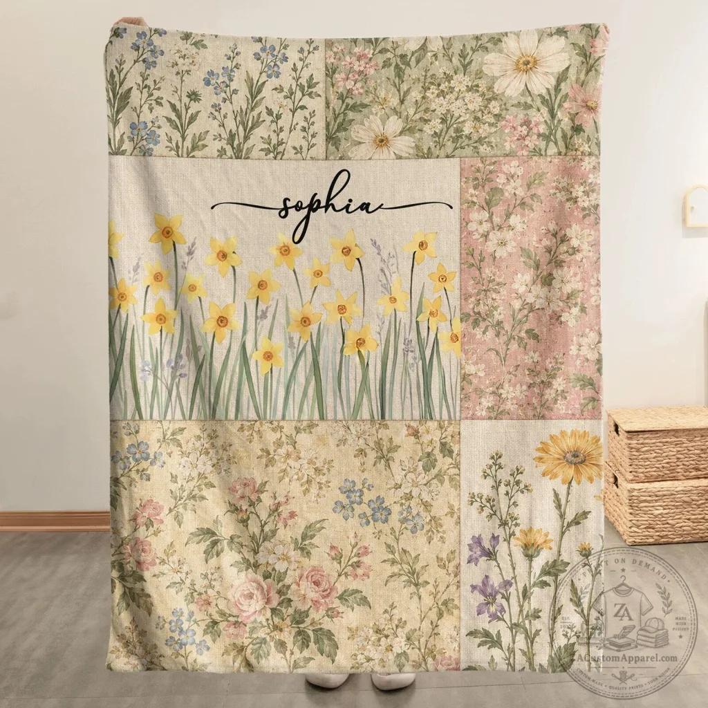 Personalized Birth Month Flower Patchwork Style Blanket Personalized Birth Month Flower Patchwork Style Blanket