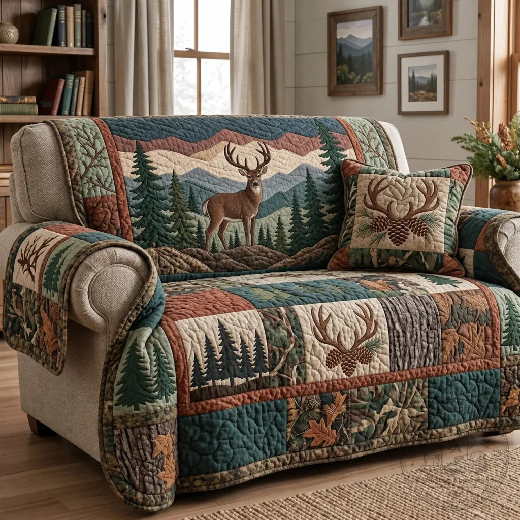 Rustic Forest Deer Quilted Sofa Cover Protector Rustic Forest Deer Quilted Sofa Cover Protector
