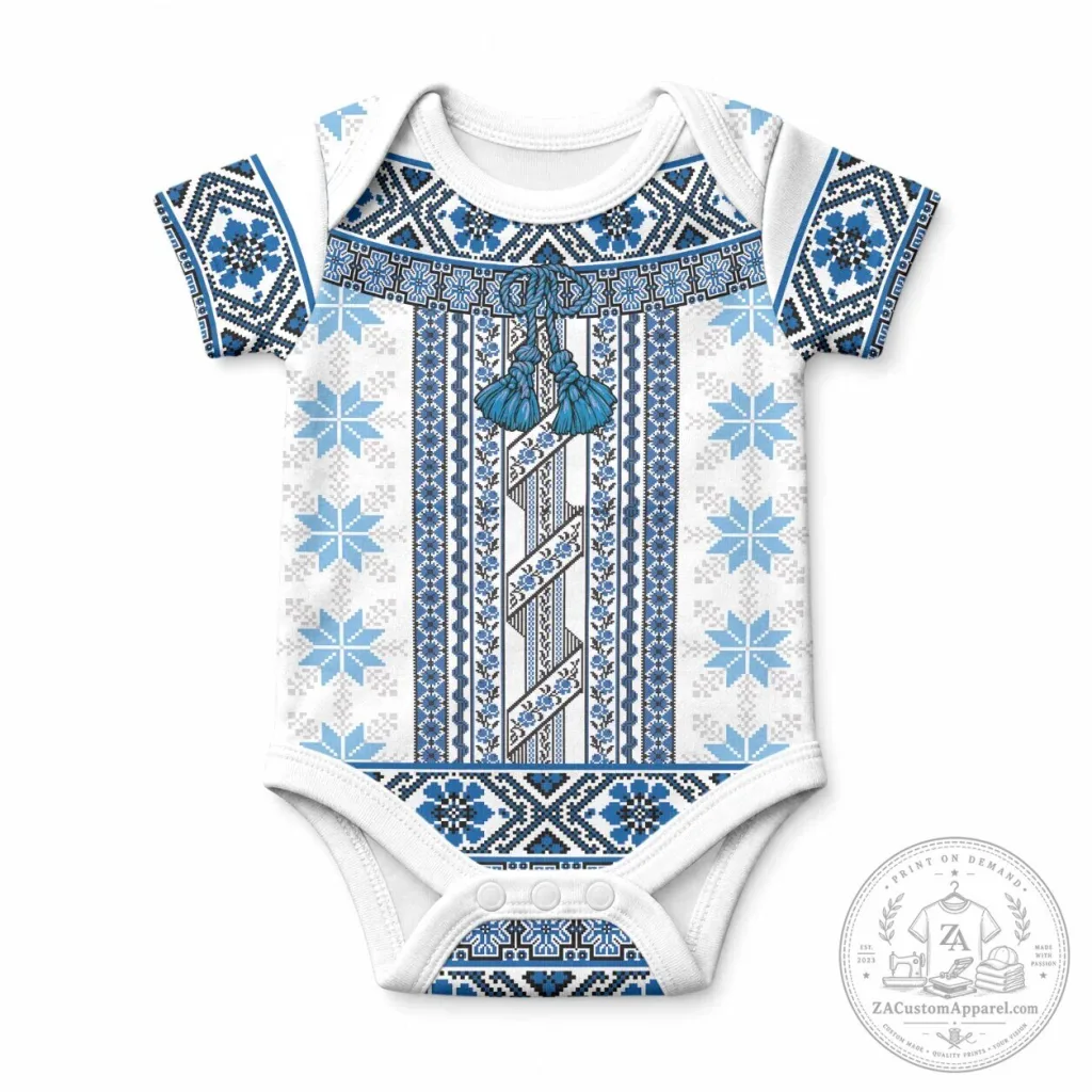 Ukrainian Folk Art Blue Embroidered Pattern Baby Bodysuit Traditional Vyshyvanka Romper Ukrainian Folk Art Blue Embroidered Pattern Baby Bodysuit Traditional Vyshyvanka Romper
