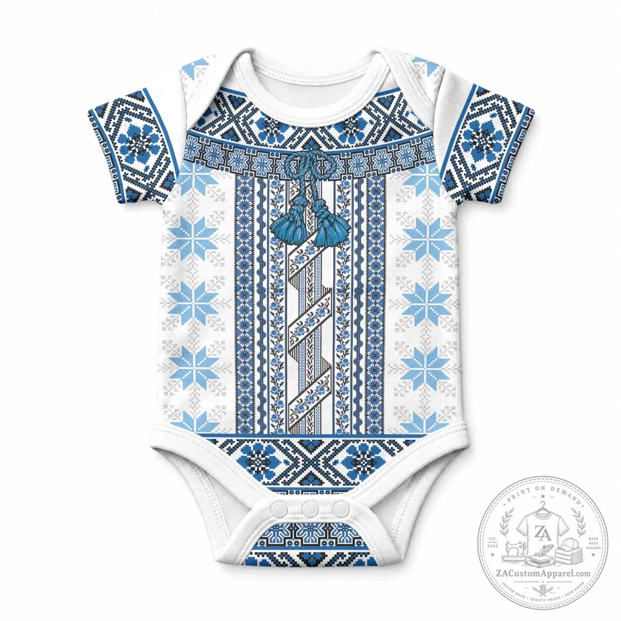 Ukrainian Folk Art Blue Embroidered Pattern Baby Bodysuit Traditional Vyshyvanka Romper