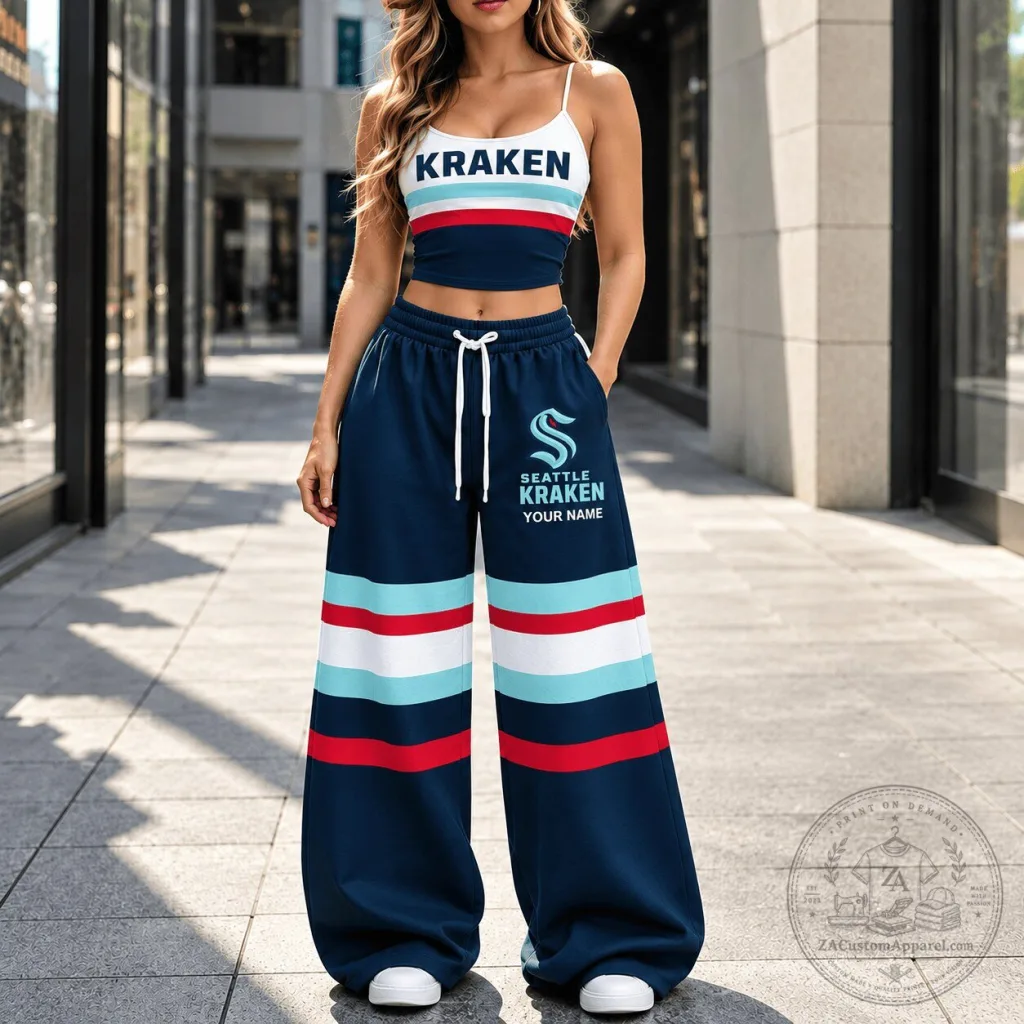 Seattle Kraken NHL Women's Spaghetti Strap Crop Top and Wide Leg Sweatpants Set Seattle Kraken NHL Women's Spaghetti Strap Crop Top and Wide Leg Sweatpants Set
