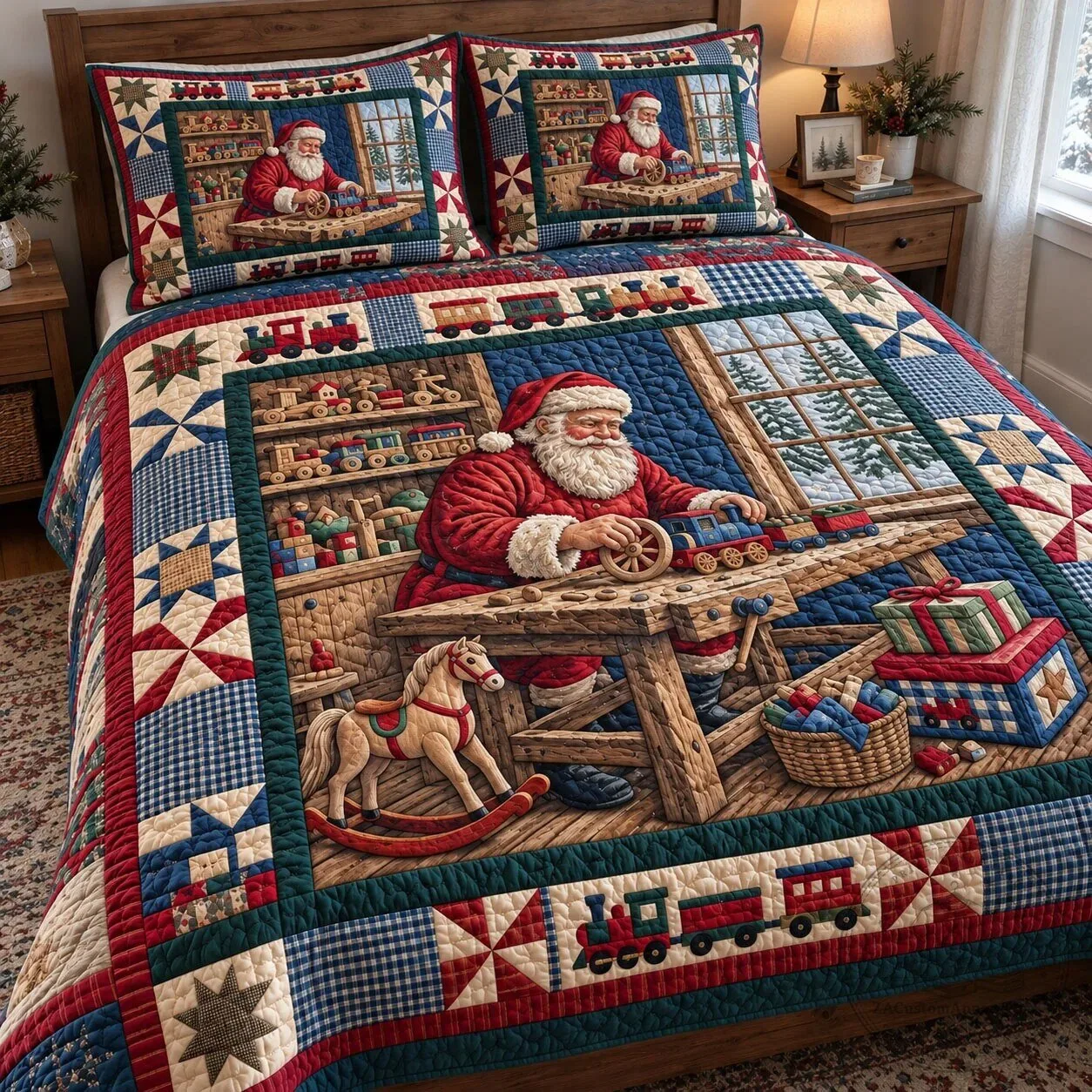 Santa Claus Christmas Toy Shop Quilted Bedding Set with Pillow Shams 5 Santa Claus Christmas Toy Shop Quilted Bedding Set with Pillow Shams