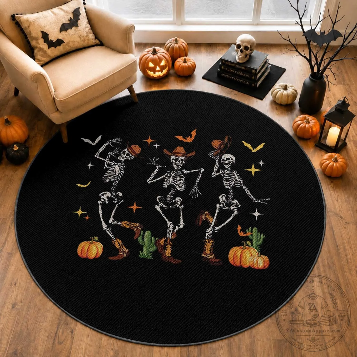 Dancing Skeleton Cowboys Western Rodeo Halloween Round Rug