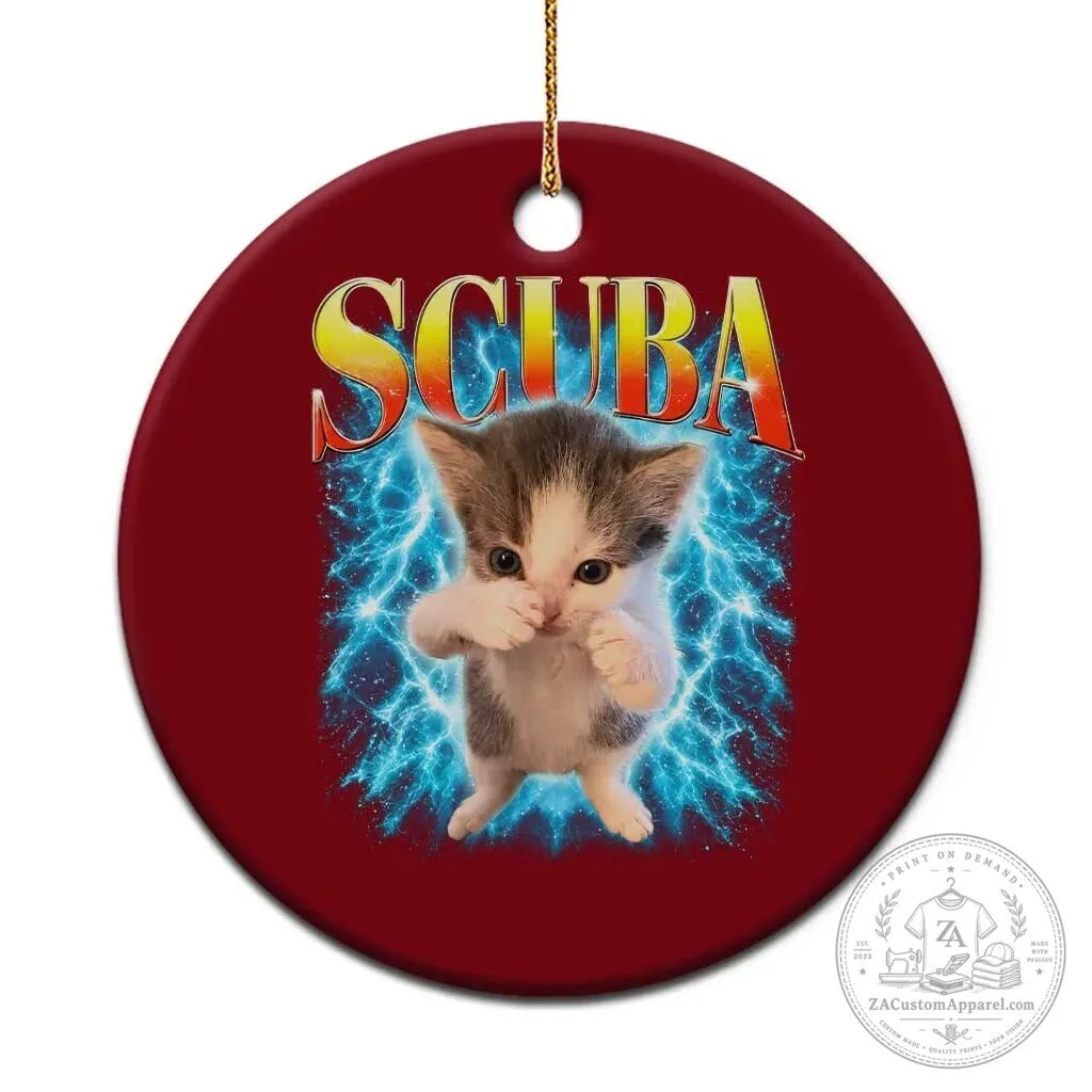 Funny Kitten Scuba Diving Meme 90s Retro Bootleg Graphic Ceramic Ornament