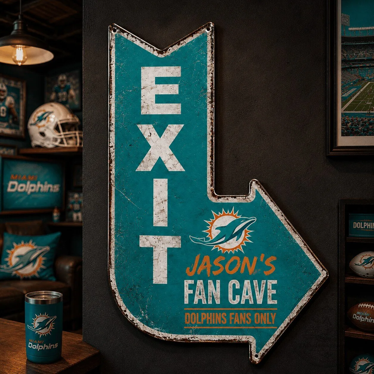 Miami Dolphins Personalized Fan Cave Exit Arrow Metal Sign for NFL Football Fans 1 Miami Dolphins Personalized Fan Cave Exit Arrow Metal Sign for NFL Football Fans