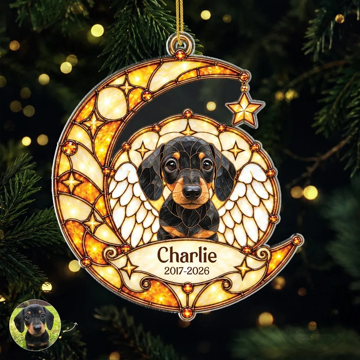 Personalized Dachshund Memorial Ornament with Angel Wings and Moon Design 6 Personalized Dachshund Memorial Ornament with Angel Wings and Moon Design