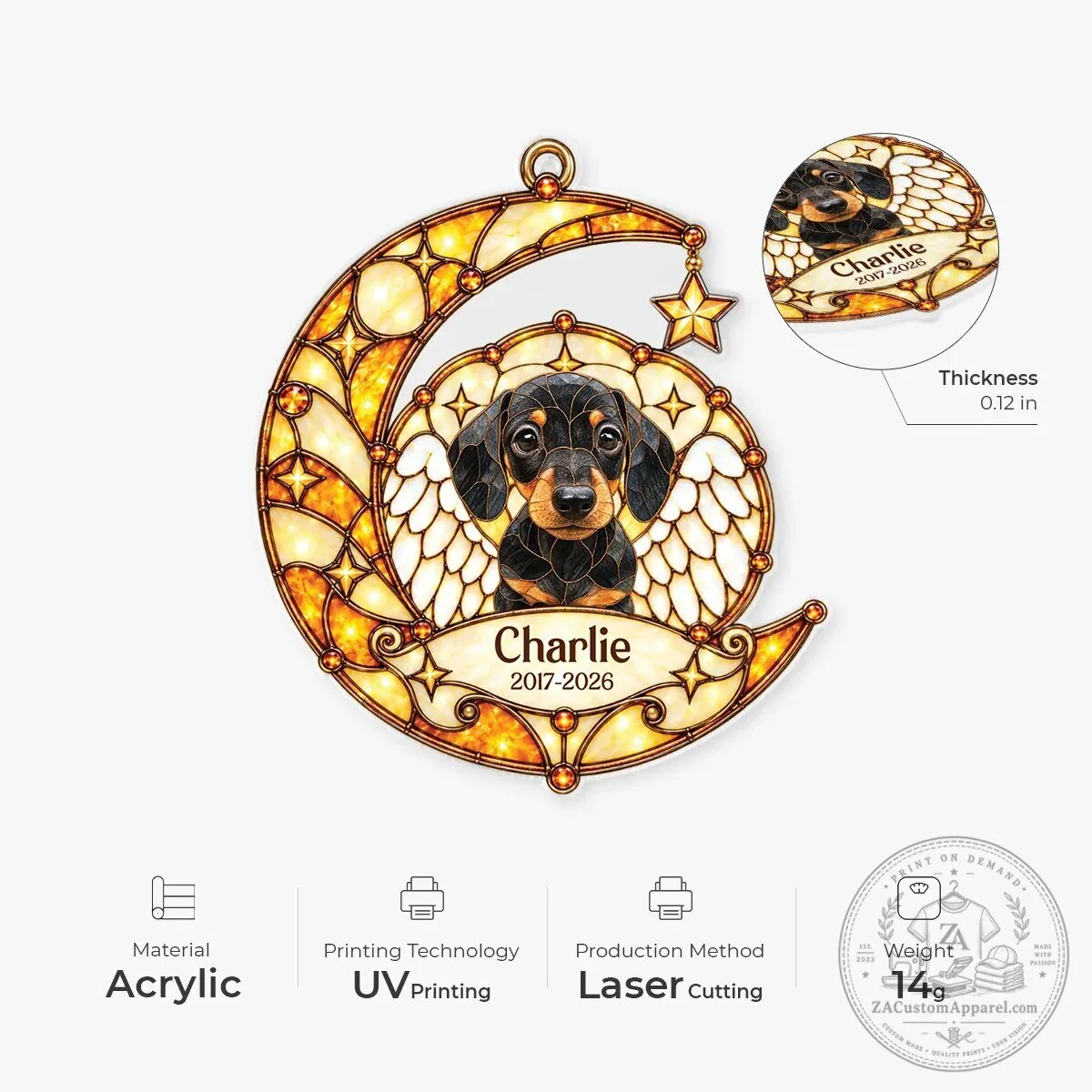 Personalized Dachshund Memorial Ornament with Angel Wings and Moon Design 8 Personalized Dachshund Memorial Ornament with Angel Wings and Moon Design